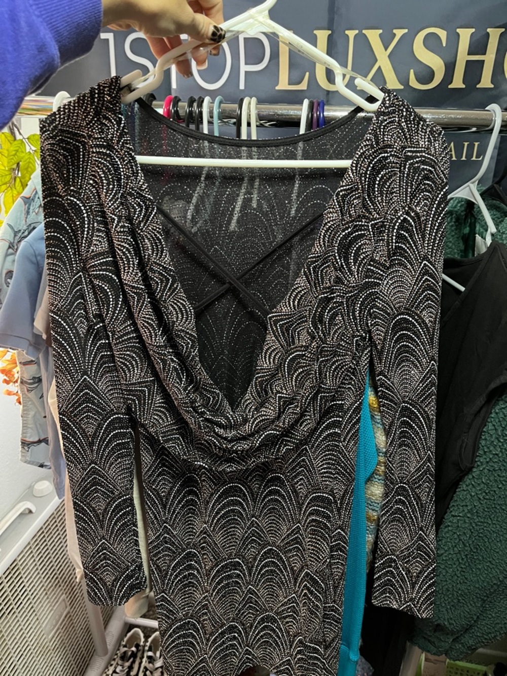 iris Black and Silver Sparkle Cowl Neck Dress